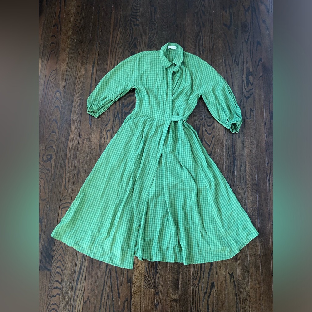 Scanlan Theodore Women’s M Green Gingham Wrap Midi Dress w/Collar and Belt - EUC - Picture 3 of 15